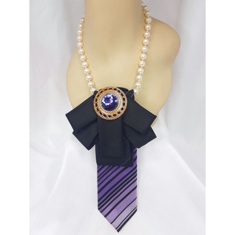 Artisan Vintage Tie Necklace Upcycled Black Purple Gold Jewel Accent Faux Pearls